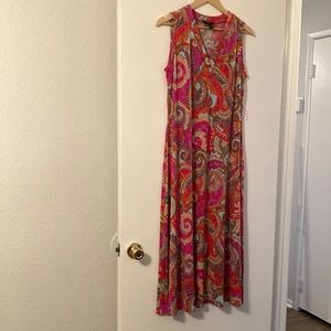 Vibrant maxi, dress, red pink, teal and orange V-neck